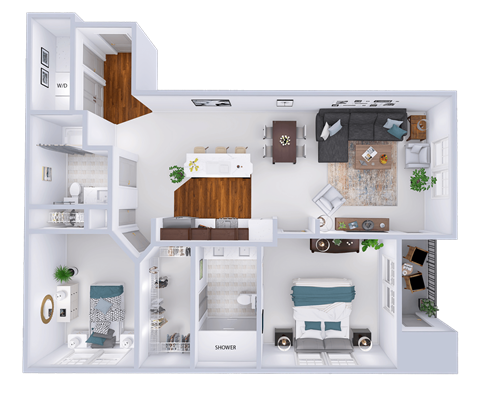 Floor plan for 2 beds, 2 baths, 1135 sqft